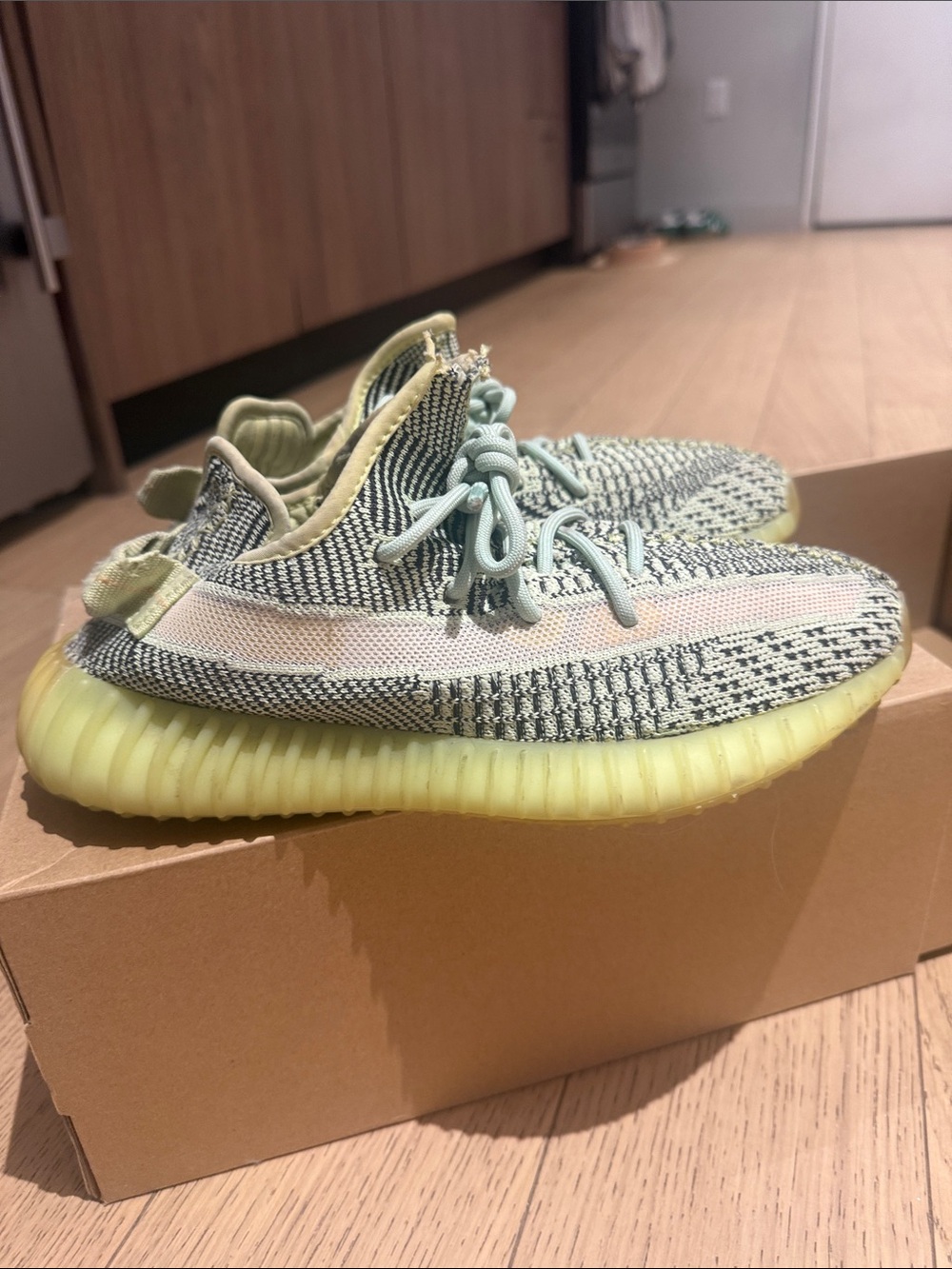 Yeezy Boost 350 V2 Pale Green and Cream Knit Sneakers